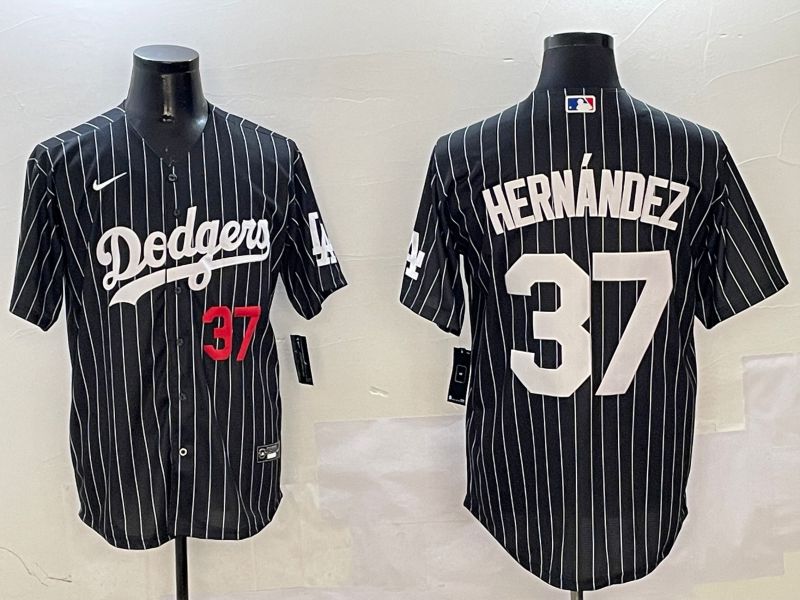 Men Los Angeles Dodgers 37 Hernandez Black Stripe Jointly Name 2025 Nike MLB Jersey style 7